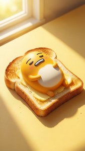 Gudetama wat op roosterbrood lê, 'n herkenbare kawaii-agtergrond vir lui dae.