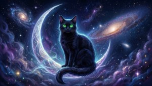 'n Mistieke swart kat op 'n sekelmaan — Anime kat Muurpapier