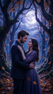 Jack en Sally deel 'n romantiese omhelsing in 'n maanverligte kronkelbos. — iPhone 7 Plus Muurpapier