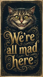 Tipografiese plakpapier met die Cheshire-kat en die aanhaling 'Ons is almal hier mal'. — Cheshire Cat Muurpapier