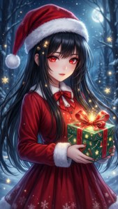 Anime-meisie in Kersvaderpak wat 'n gloeiende geskenk in 'n sneeubos vashou — Anime kersfees Muurpapier