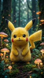Pikachu in 'n betowerde woud met gloeiende sampioene — iPhone 8 Muurpapier