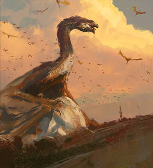 Reuse bruin draak op die grond te midde van vliegende drake muurpapier. — Galaxy Z Vou Muurpapier