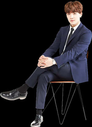 Man in blou pak sit