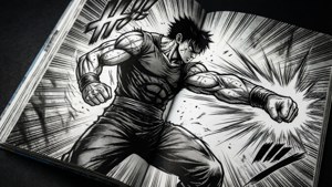 'n Dinamiese swart-en-wit mangapaneel met intense aksie. — Manga GIF Muurpapier