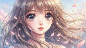 'n Pragtige manga-styl portret van 'n meisie met blomblare.