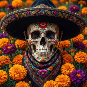 Chicano-skedel met sombrero en mariachi-serp, goudsblomblomme. — Infinix Zero Muurpapier