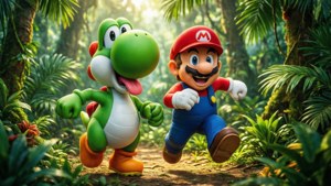Mario en Yoshi hardloop vrolik deur 'n sonverligte tropiese woud, speels en lewendig. — Mario Muurpapier