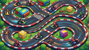 Isometriese aansig van 'n Mario Kart-renbaan met karts wat jaag. — Nintendo Muurpapier