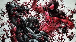 Marvel-superheld Spiderman rooi en swart met klein mannetjies.