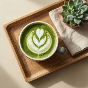 Boonste aansig van 'n matcha latte en vetplant in neutrale kleure. — Pixel Watch 4 Muurpapier