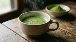 Matcha groen tee koppie op hout tafel.