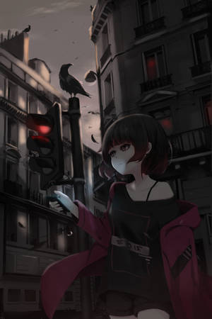 Voorskou agtergrond meisie, foon, straat, styl, somber, anime — Snoesige anime meisie Muurpapier