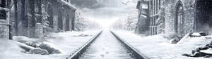 Metro Exodus-gebou in sneeu-agtergrond — 32:9 Muurpapier