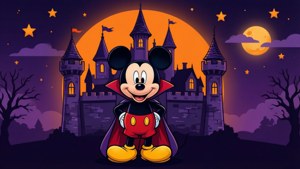 Mickey Muis as 'n vampier voor 'n spookkasteel in plat vektorstyl — Disney Halloween Muurpapier
