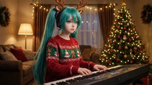 Hatsune Miku wat klawerbord speel in Kersfees-trui — Anime kersfees Muurpapier