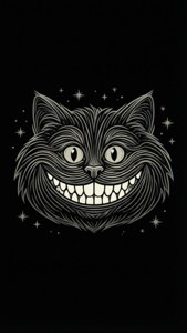Minimalistiese vektorkuns van die Cheshire-kat se grynslag en oë op swart. — iPhone 8 Muurpapier
