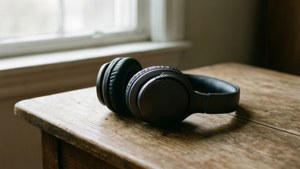 'n Rustige toneel van oorfone op 'n houttafel in sagte lig. — Musiek estetika Muurpapier