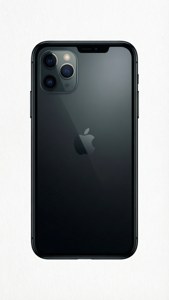 Minimalistiese silhoeëtillustrasie van iPhone 11 Pro Max op wit.