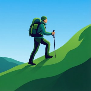 'n Minimalistiese vektorillustrasie van 'n stapper wat 'n groen heuwel klim. — Infinix Zero Muurpapier