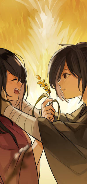 Gelukkige Mio en Hyakkimaru van Dororo-agtergrond — iPhone 17e Muurpapier