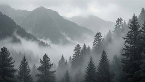 Rustige monochroom berglandskap met mis en dennebome — Grys esteties Muurpapier