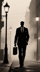 Swart anime noir-agtergrond van 'n man in 'n pak in die mis. — Swart anime Muurpapier