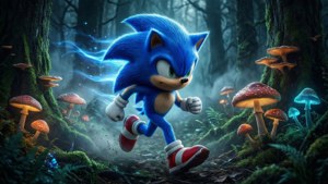 Sonic jaag deur 'n gloeiende betowerde woud.
