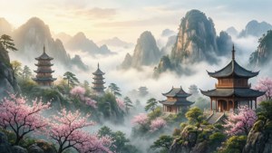 Rustige Chinese berglandskap met pagodes en kersiebloeisels in waterverfstyl