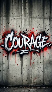 Vet graffiti 'Moed' op beton met rooi en swart spatsels, stedelike grunge. — Estetiese woorde Muurpapier