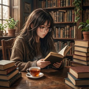 Monika lees in 'n biblioteek met tee — Pixel Watch 3 Muurpapier