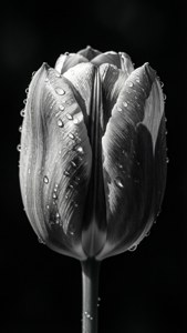 Swart en wit tulp met reëndruppels, hoë kontras, dramatiese skadu's, minimalisties. — Blom esteties Muurpapier