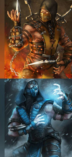 Mortal Kombat Scorpion teenoor Sub Zero Foon — iPhone 16 Pro Max Muurpapier