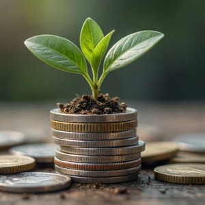 'n Muurpapier wat 'n plant wys wat uit munte groei, wat 'n lening voorstel wat vir belegging en groei gebruik word. — Dag Muurpapier