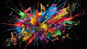 Abstracte kleurvolle musieknote en verfspatsels op swart. — Musiek estetika Muurpapier