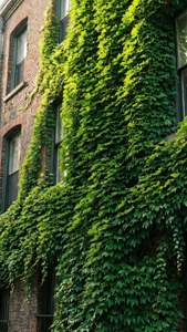 'n Muur bedek met welige groen klimop wat die natuur met stedelike argitektuur vermeng. — Groen estetiese GIF Muurpapier