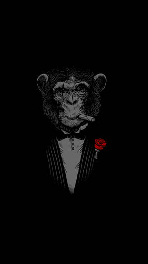 AMOLED-agtergrond van 'n rokende aap wat 'n tuxedo dra met 'n roos vasgesteek.