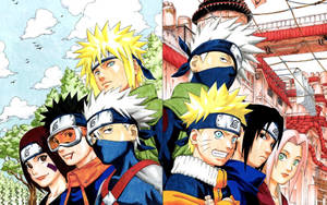 Minato met sy span en Kakashi met sy span, Naruto, Sasuke en Sakura.