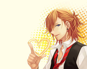Blonde anime-seun wat 'n hart met sy vingers vorm, geanimeerde HD-agtergrond.