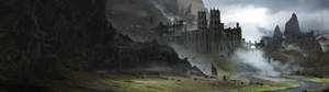 Middeleeuse veld berg kasteel muurpapier — 3840x1080 Muurpapier