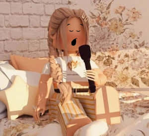 n pop sit op 'n bed met 'n mikrofoon — Estetiese Roblox Muurpapier