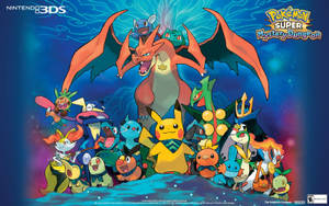 Pokemon Pikachu, Bulbasaur, Ivysaur, Charmeleon, Charizard en Squirtle saam met ander Pokemon in mystery dungeon.