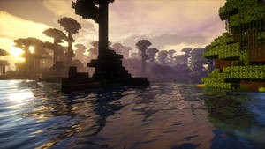 Minecraft sonsondergang woud uitsig HD agtergrond