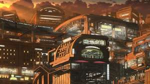 Asiatiese futuristiese anime stad met kommersiële geboue muurpapier.
