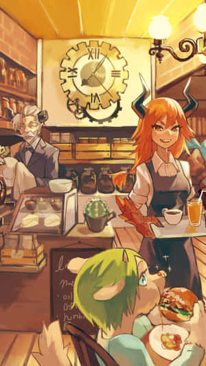 Anime-kafee-agtergrond — Snoesige anime meisie Muurpapier