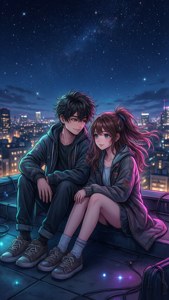 Anime paartjie op die dak in die nag — Anime paartjie GIF Muurpapier