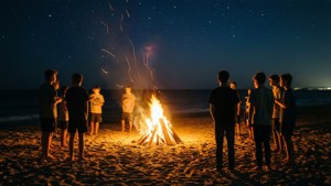 Tieners versamel om 'n kampvuur op die strand in Oseaan Golwe. — Oseaan golwe Muurpapier