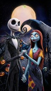 Jack en Sally poseer romanties in Halloween-dorp. — Disney Halloween Muurpapier