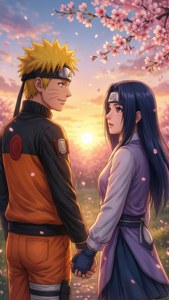 Romantiese plakpapier van Naruto en Hinata onder kersiebloeisels. — iPhone 8 Plus Muurpapier
