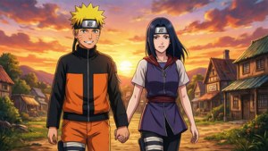Naruto en Hinata stap teen sonsondergang — Anime paartjie GIF Muurpapier